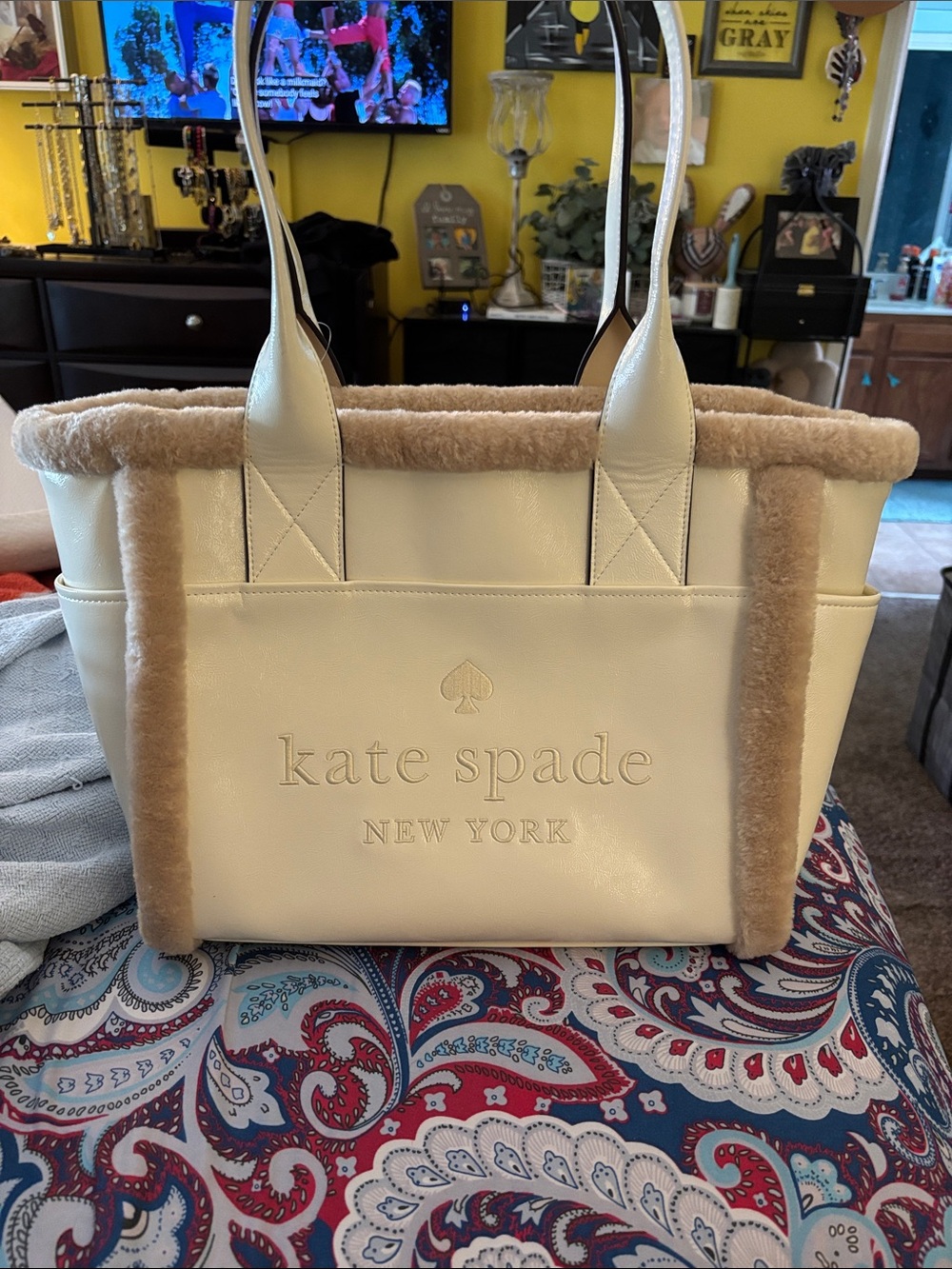 kate spade Cream and Beige Shearling Trim Tote